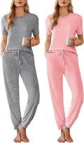 2 Pack Womens Pajama Jogger Sets - Soft Short Sleeve Loungewear