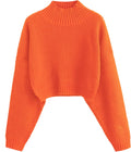 Women's Cropped Turtleneck Sweater with Lantern Sleeves - Cozy Crop