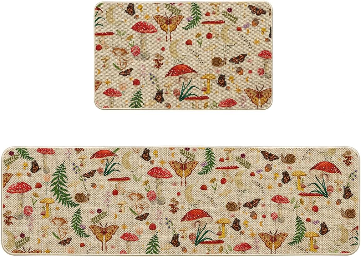 Artoid Mode Mushrooms Butterfly Kitchen Mats Set of 2
