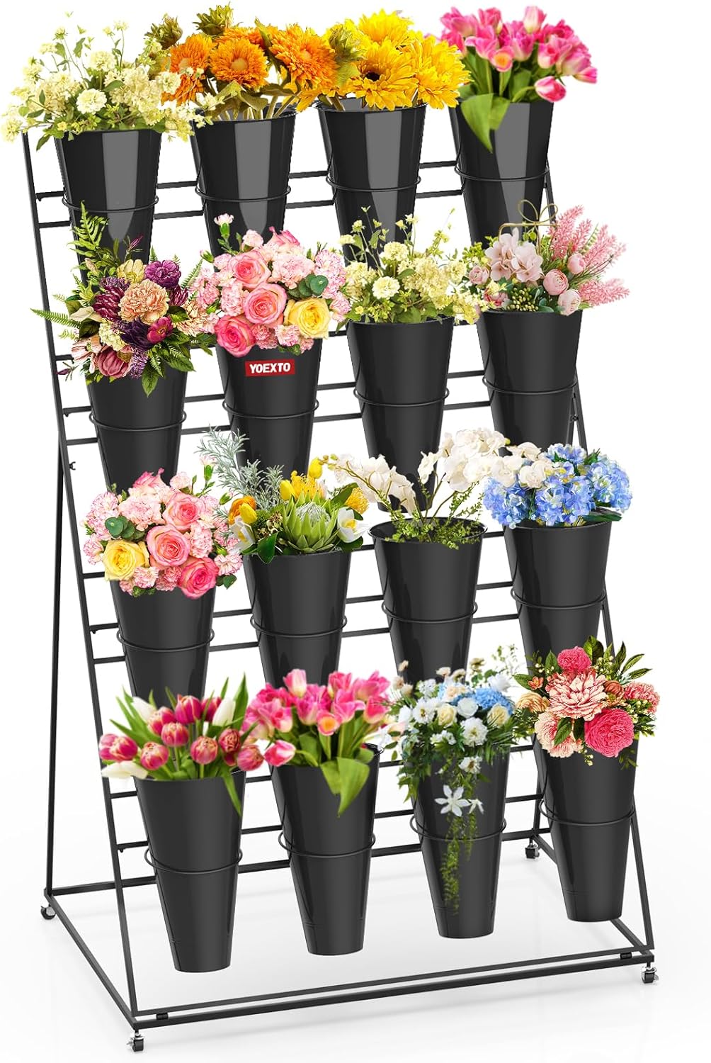 Flower Display Stand with 4 Layers and 16 Round Buckets
