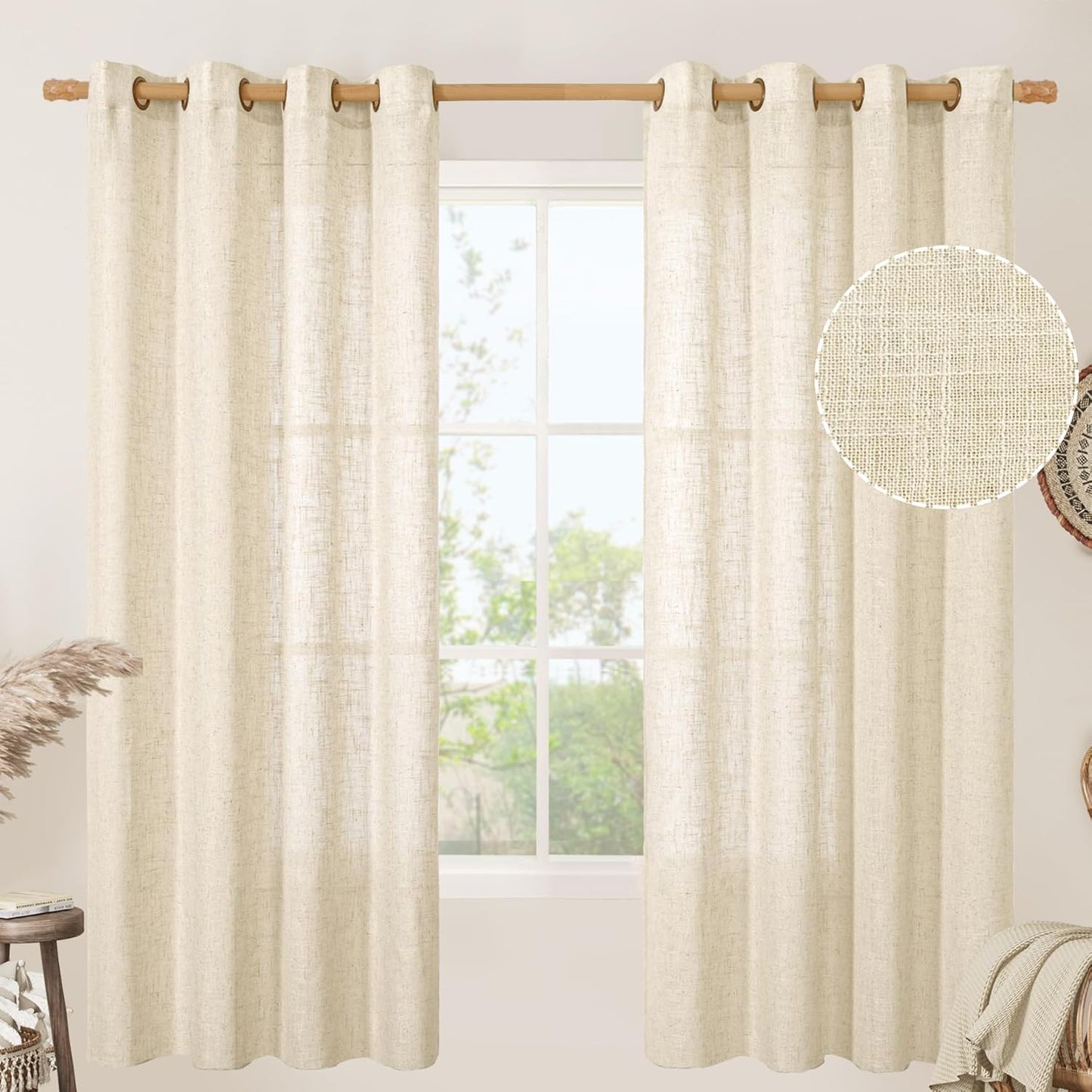 Beige 72 inch Linen Curtains Set for Living Room and Bedroom