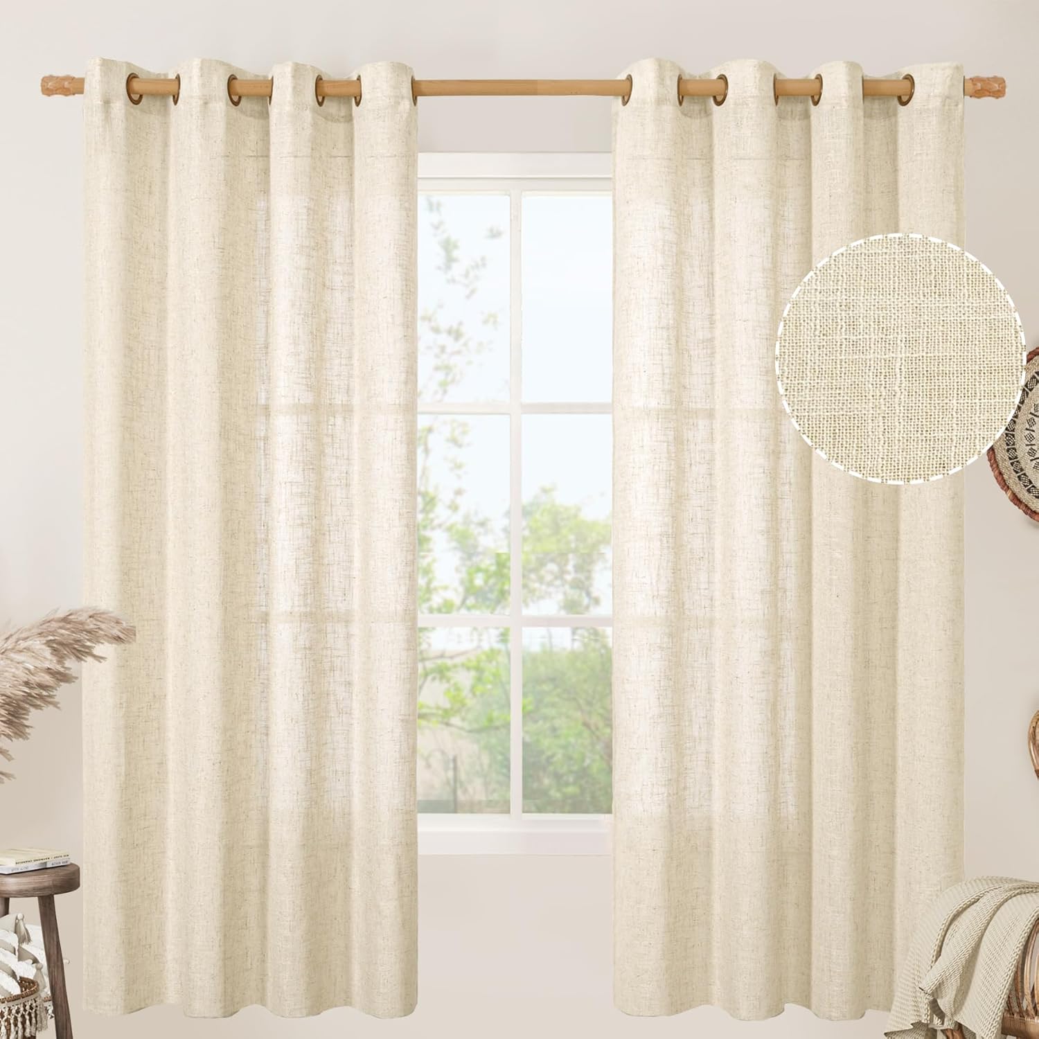 Beige 72 inch Linen Curtains Set for Living Room and Bedroom