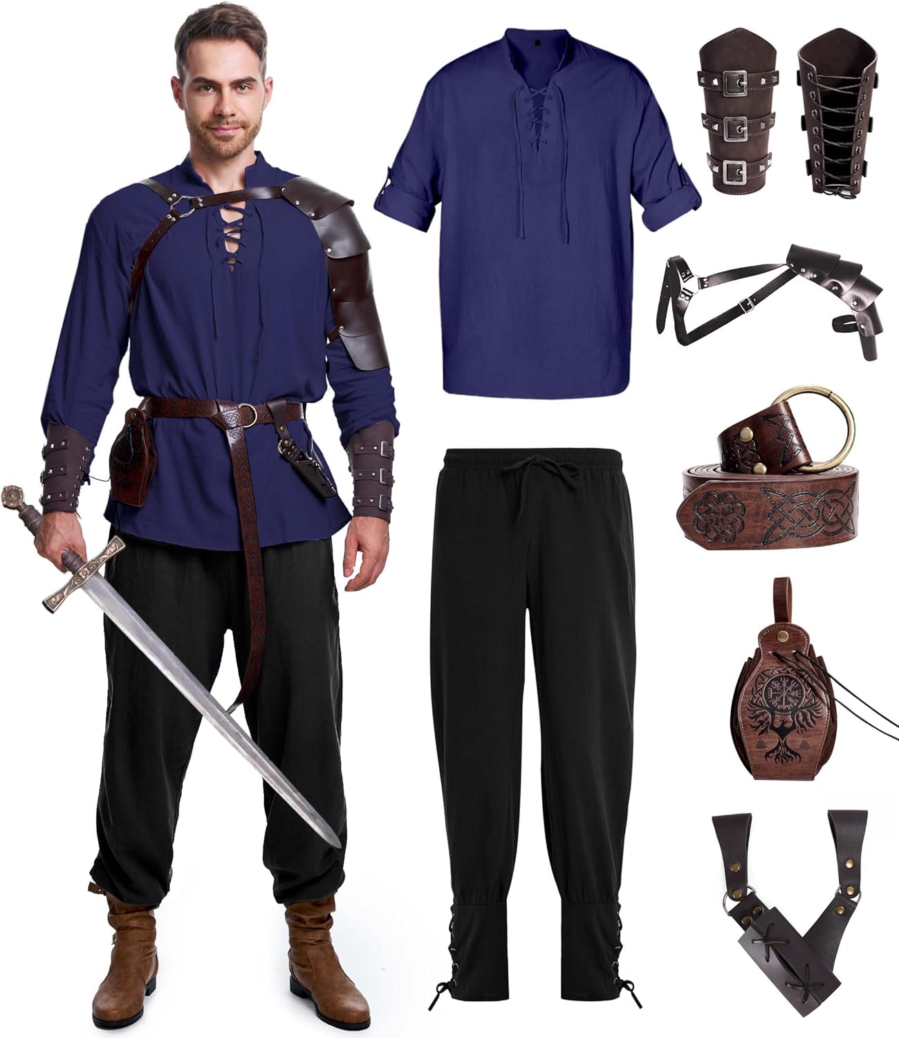 8 Pcs Men's Renaissance Costume Set for Pirate and Viking Themes