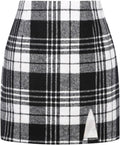 Plaid Mini Skirts for Womens High Waisted Fall Winter Wool - Side Slit