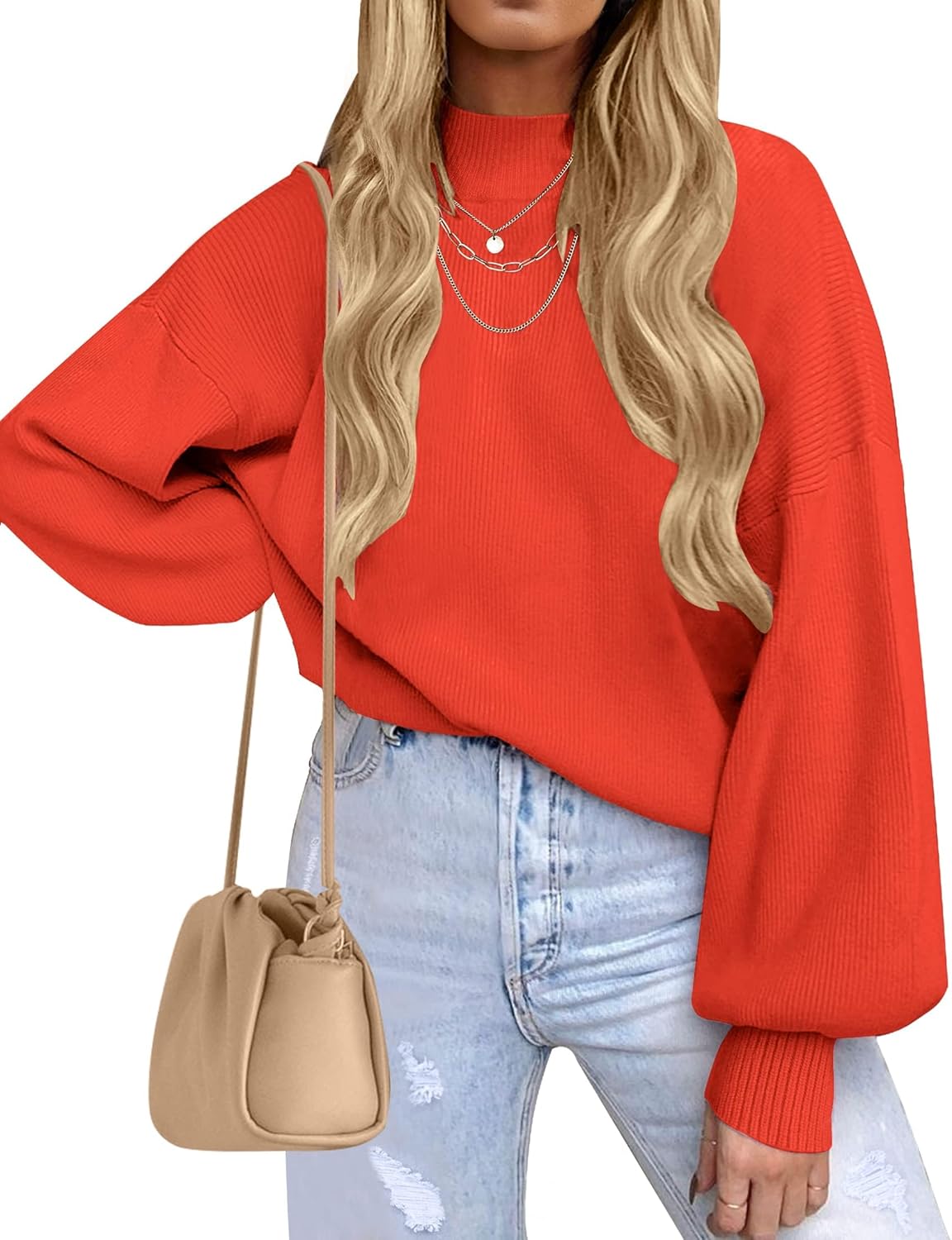 ZESICA Women's Casual Turtleneck Lantern Sleeve Sweater Top