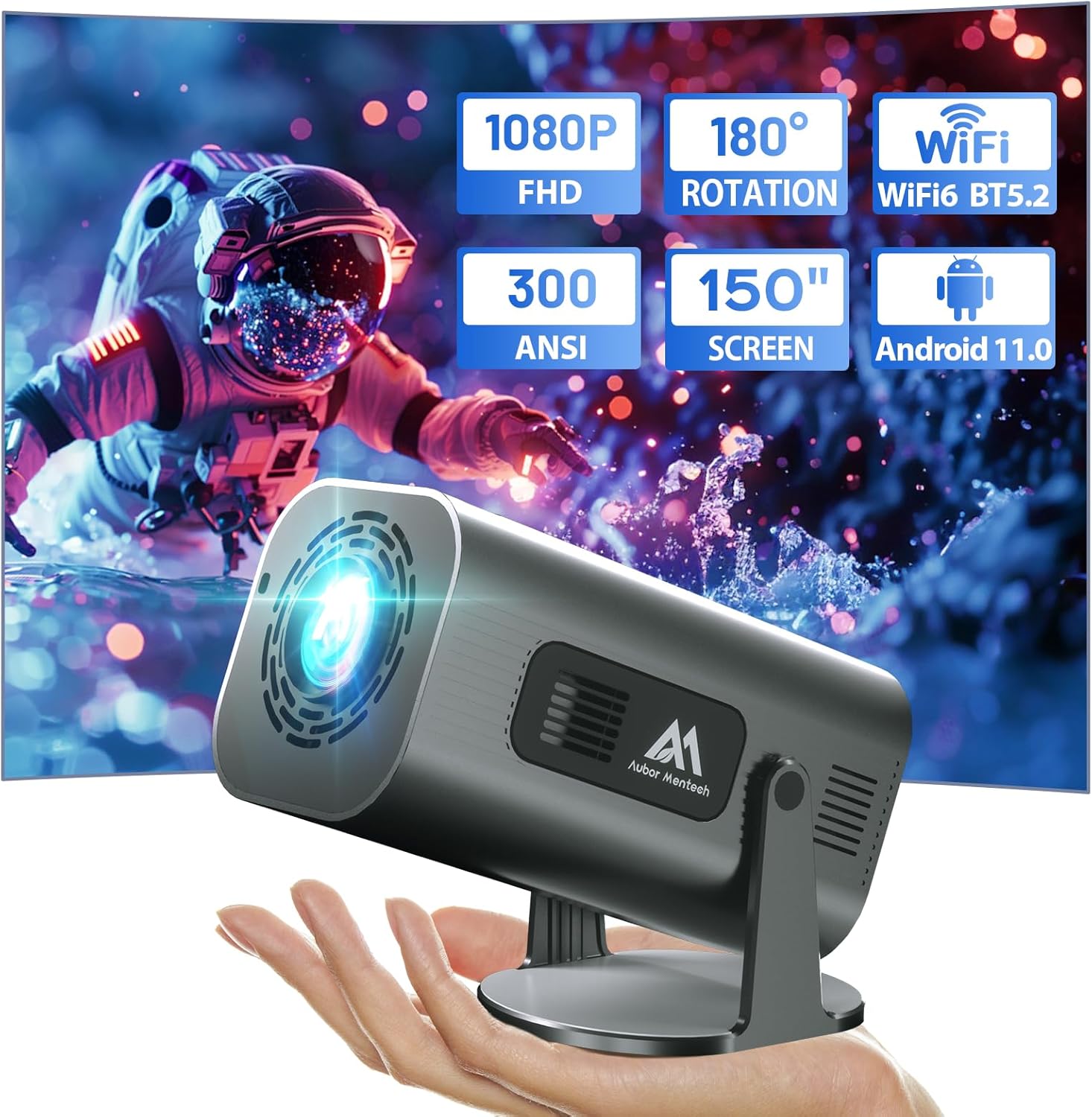 Smart 1080P Mini Projector: WiFi/BT, Android TV 11.0