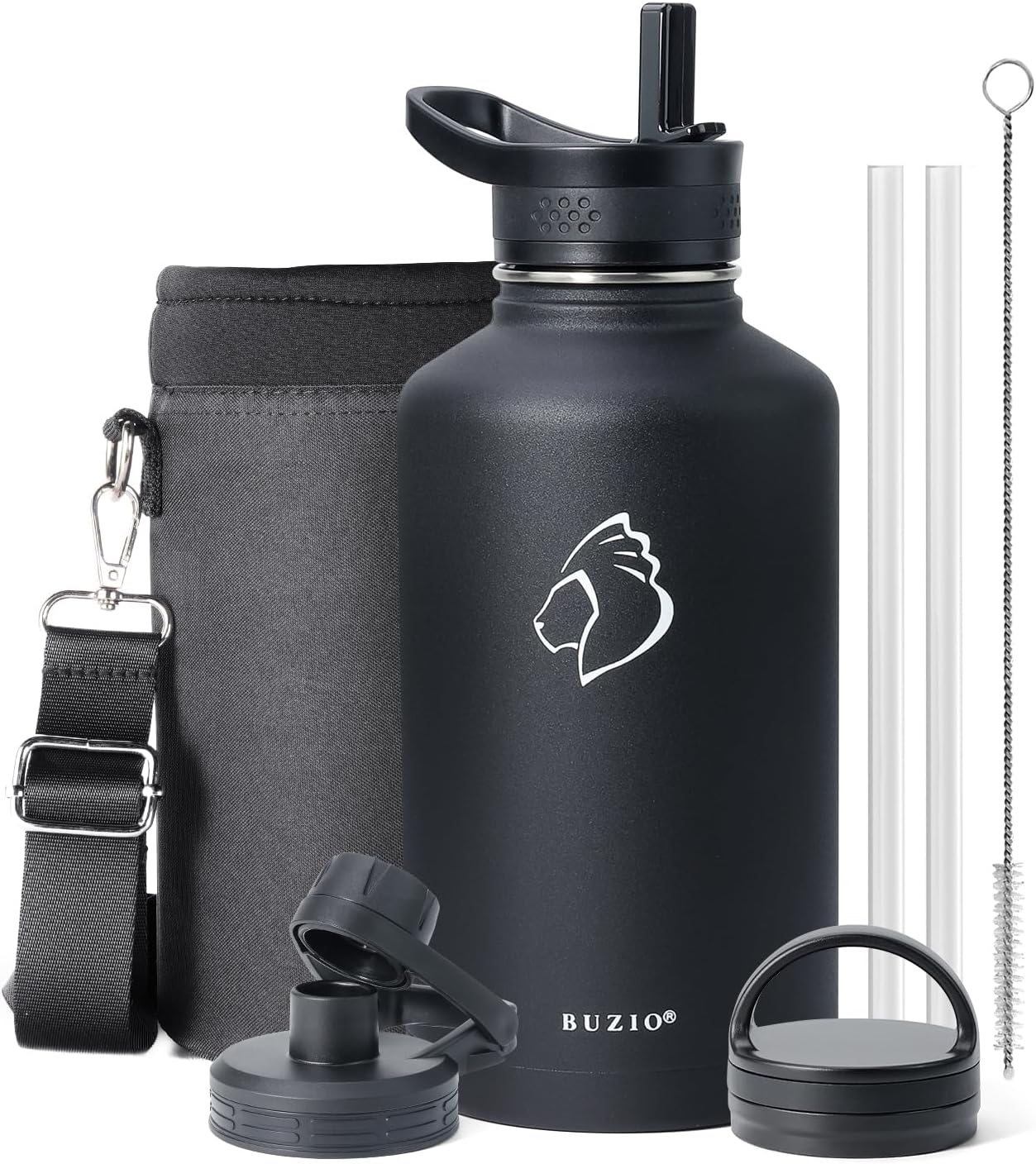 BUZIO 64 oz Insulated Water Bottle with Straw & 3 Lids