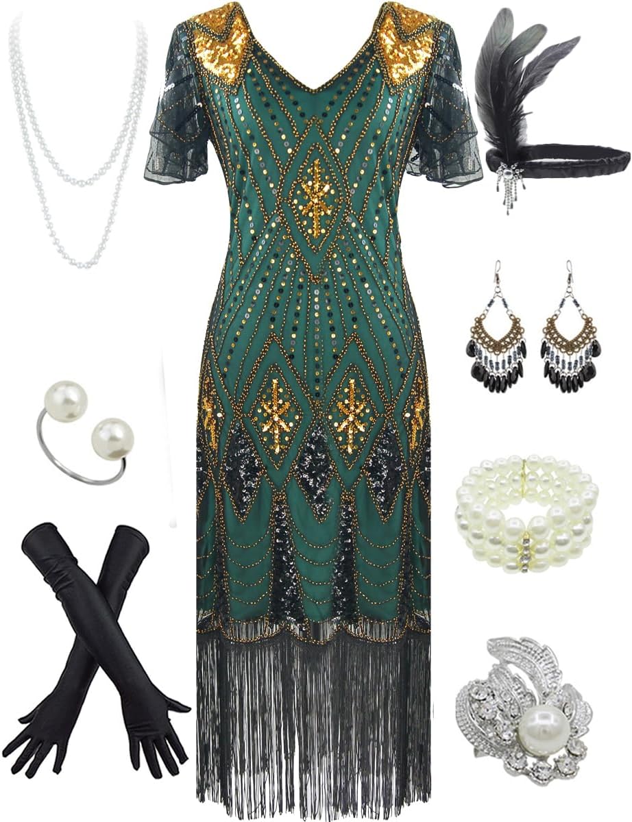 Women's 1920s Gatsby Inspired Flapper Dress with Accessories Set