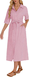 Women's Plaid Midi Dress V Neck Belted Casual Button Down