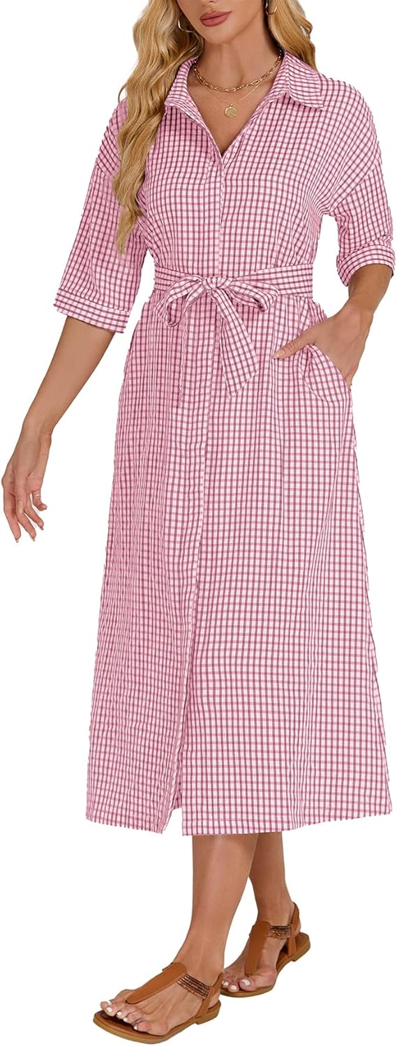 Women's Half Sleeve Plaid Midi Dress for Casual Summer Style