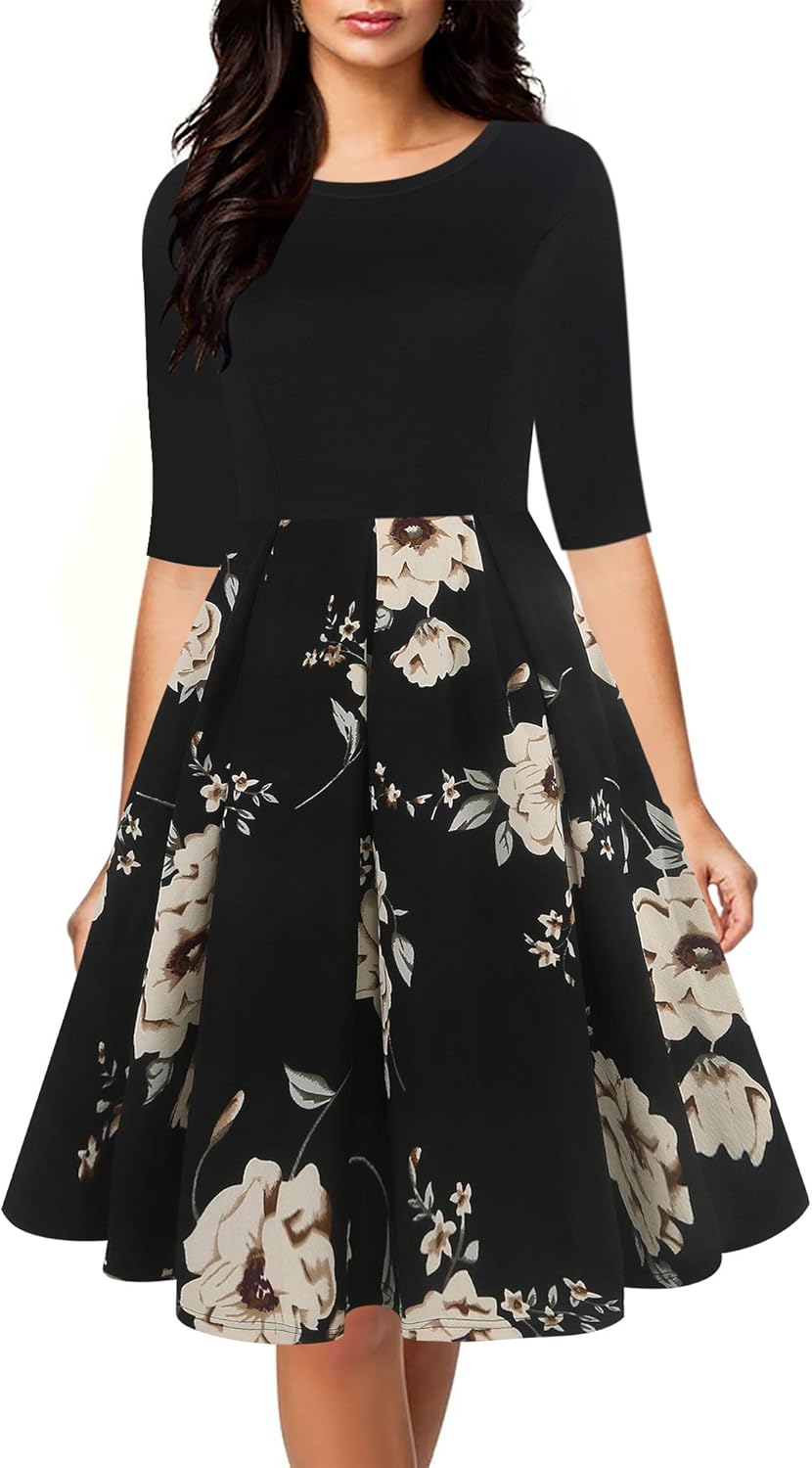 Oxiuly Women's Vintage Half Sleeve O-Neck Casual Swing Dress