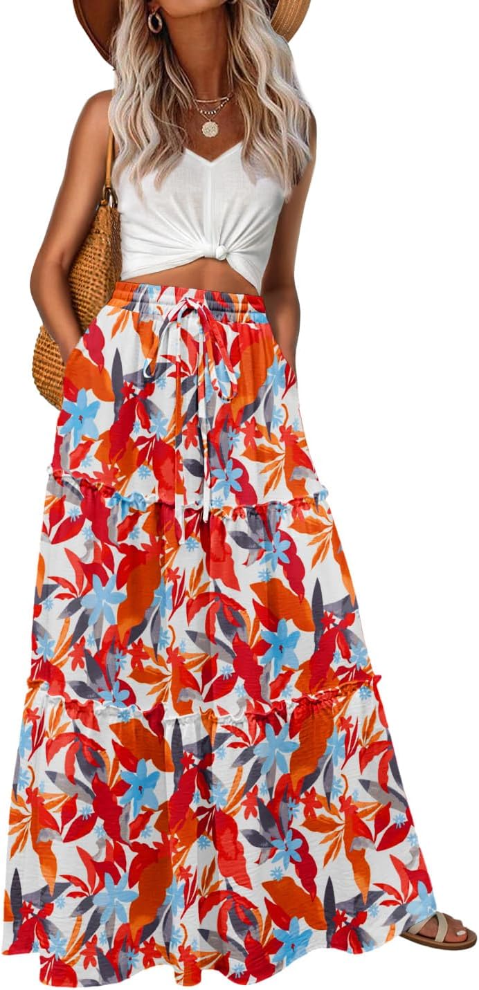 Lepunuo Womens Casual Boho High Waisted Flowy Maxi Skirts