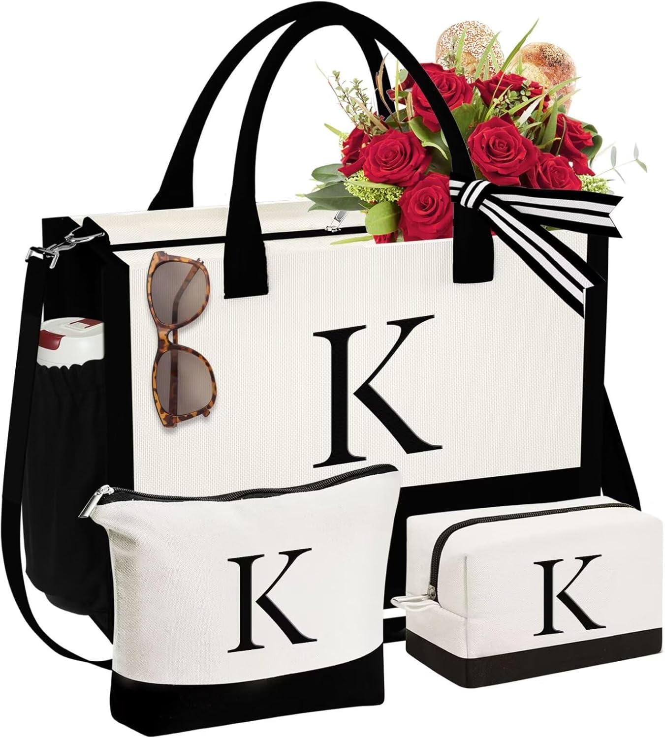 Personalized Initial Canvas Tote Bag & Makeup Bag Set for Women