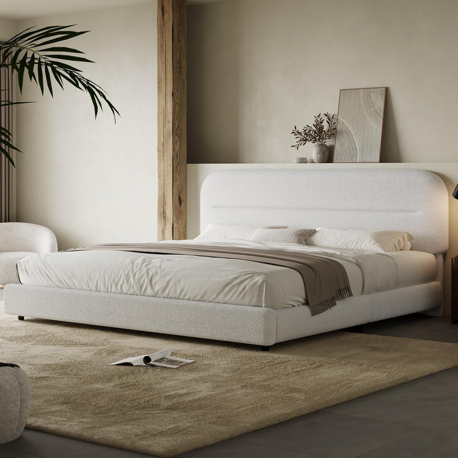 HOMBCK King Size Bed Frame with Soft Boucle Upholstery