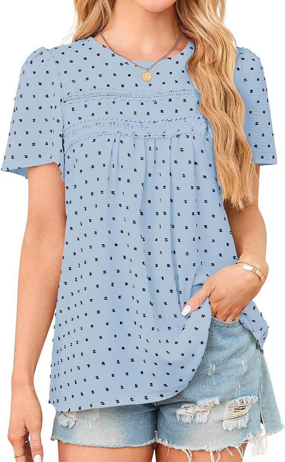 Womens Summer Tops Crewneck Short Sleeve Casual Chiffon Blouses