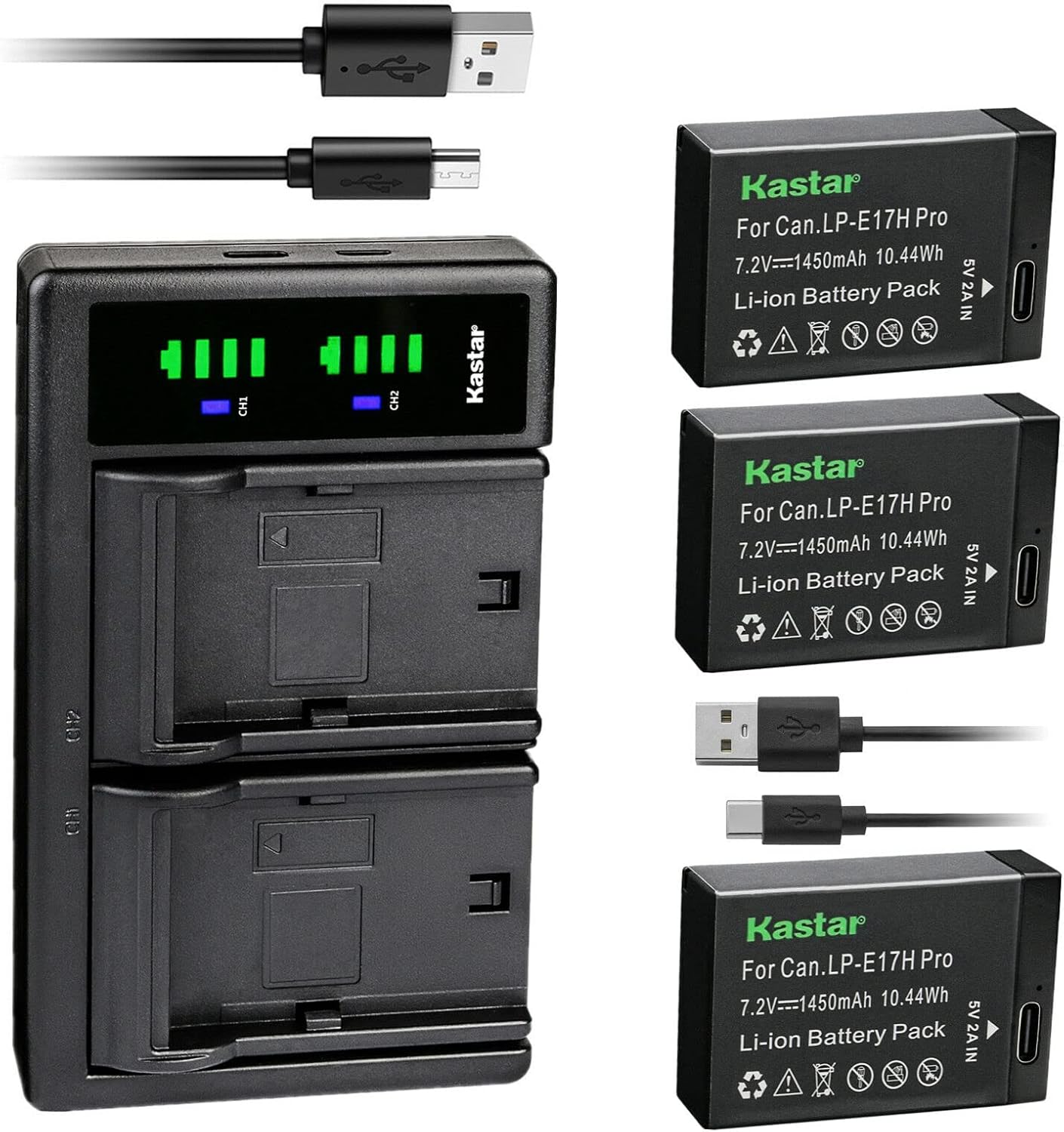 Kastar 3-Pack LP-E17H Pro Battery with Type-C Charger for Canon