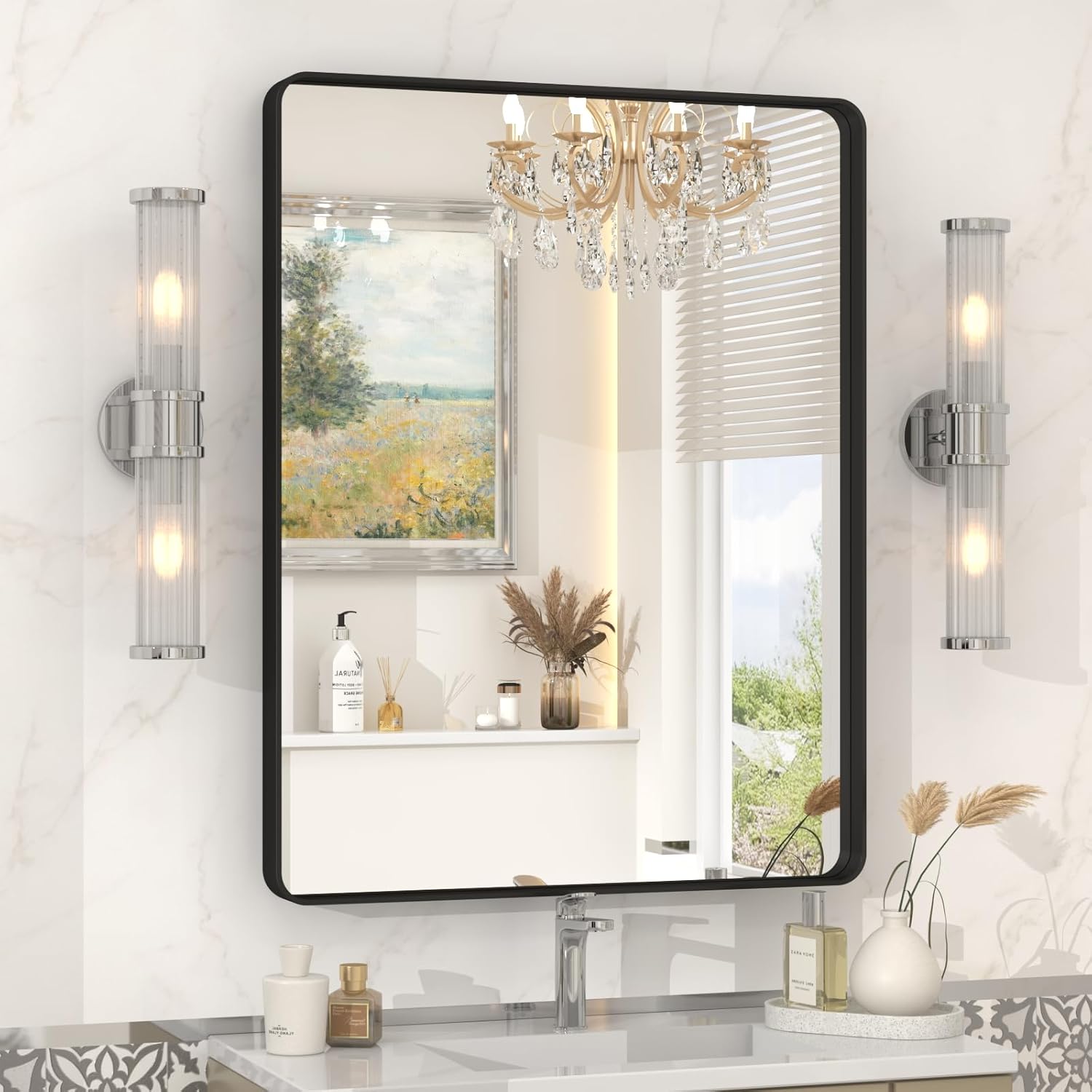 22x30 Inch Black Metal Framed Mirror for Bathroom Decor
