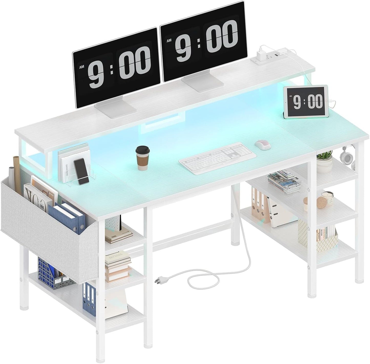 Lufeiya 47 White Desk - Gaming Ready, LED Lights, Power Outlets