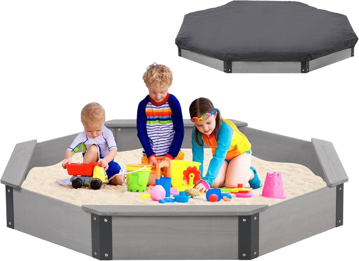 64in Octagon Sandbox with Cover for Kids Outdoor Playtime Fun