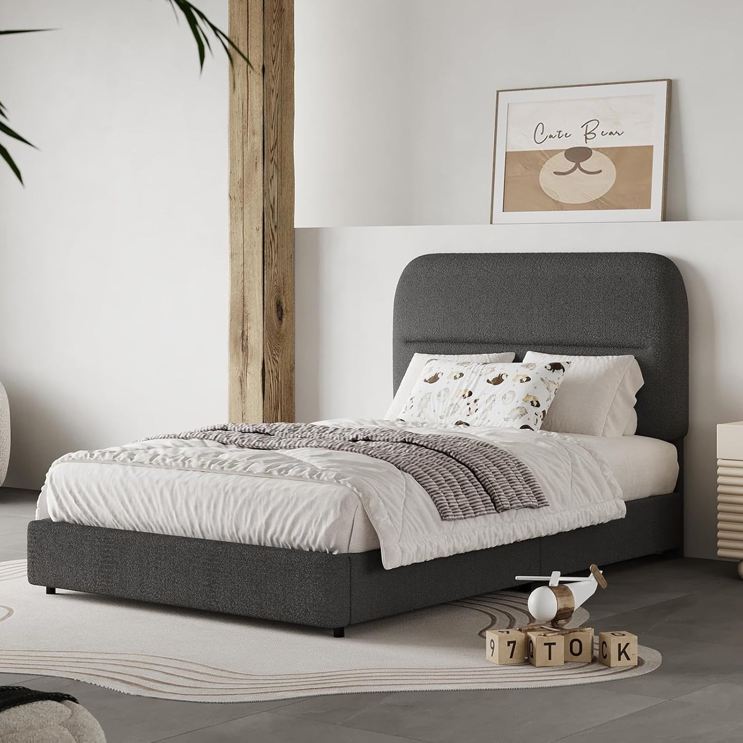 HOMBCK Twin Bed Frame with Soft Boucle Fabric and Rounded Headboard