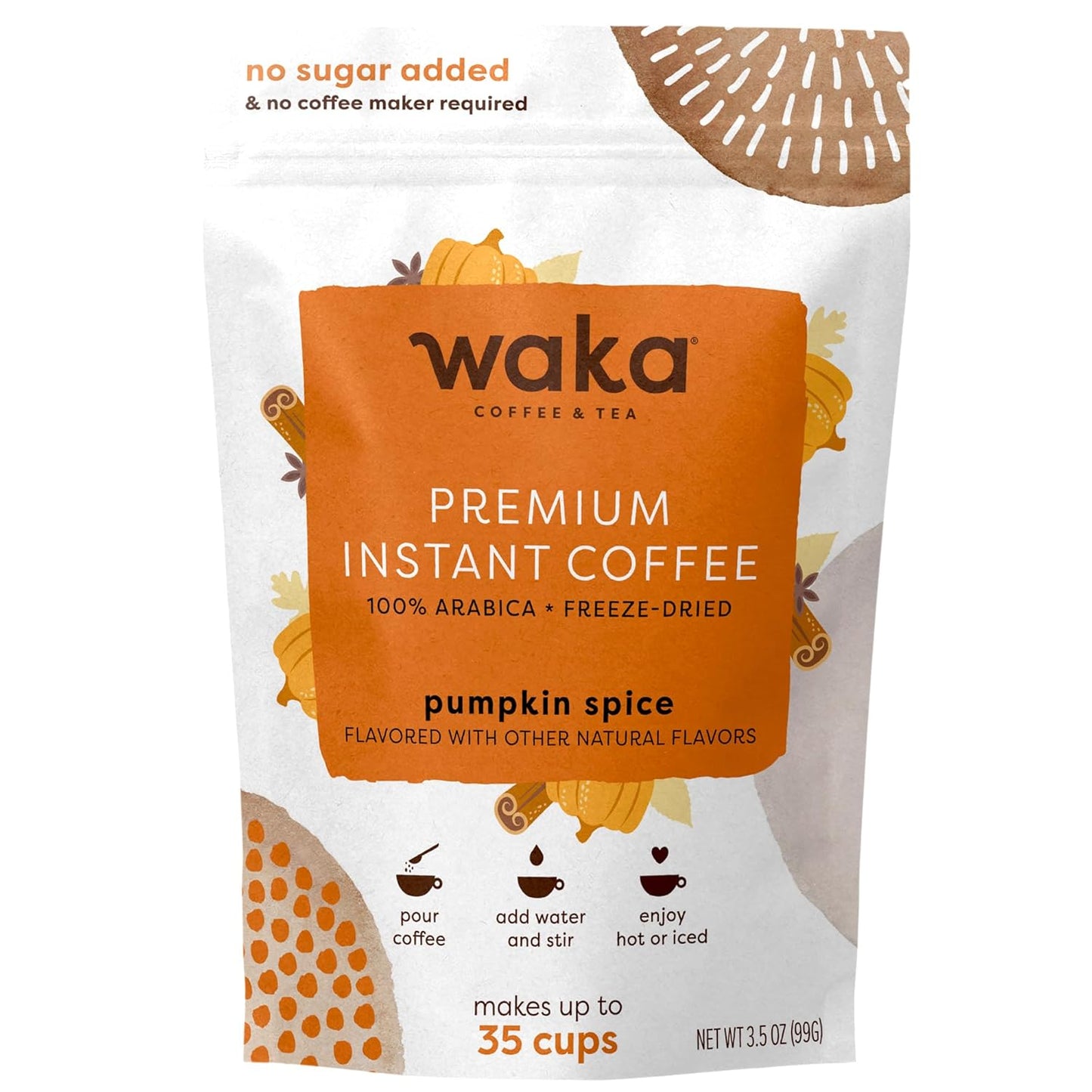 Waka Pumpkin Spice Instant Coffee - Pure Arabica Beans, Quick & Delicious - 35 Cups