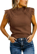 Sleeveless Sweater Vest Mock Neck Cable Knit Fringe - Cozy, Chic Layer