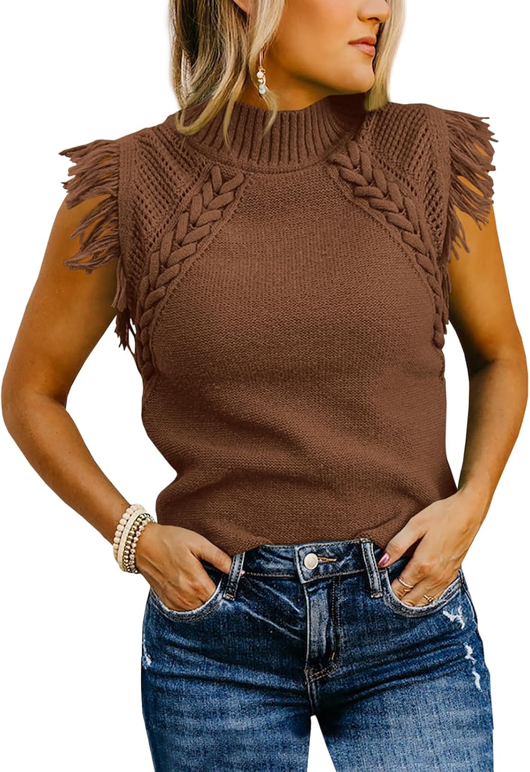 Trendy Womens Sleeveless Sweater Vest with Mock Neck Design