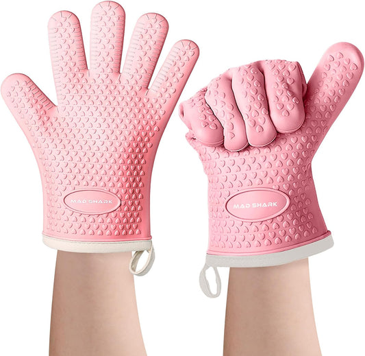 Heat-Resistant Silicone Oven Mitts - Non-Slip & Waterproof (Pink)