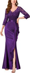 Women's Vintage Floral Lace Ruffle Half Sleeve Long Dress - Formal Fit