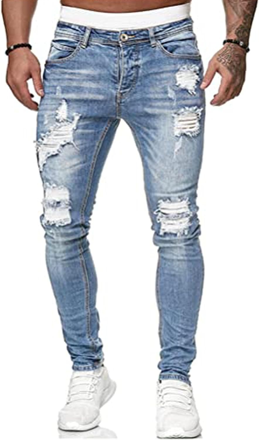 HUNGSON Men's Blue Slim Fit Jeans with Ripped Design and Stripes
