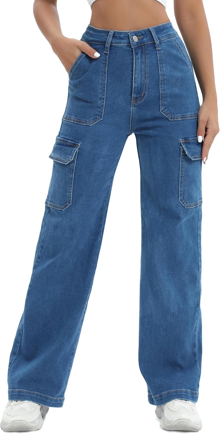 Women Cargo Jeans High Waist Y2K Straight Leg Trendy Style