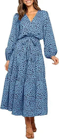 Women's Boho Leopard Print Ruffle Maxi Dress - Flowy V Neck