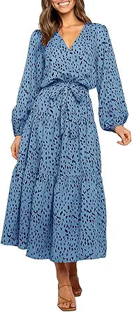 Boho Leopard Print Ruffle Long Sleeve V Neck Maxi Dress