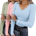 Womens 3 Pack Long Sleeve V Neck Ribbed Tops - 90% Polyester Pack