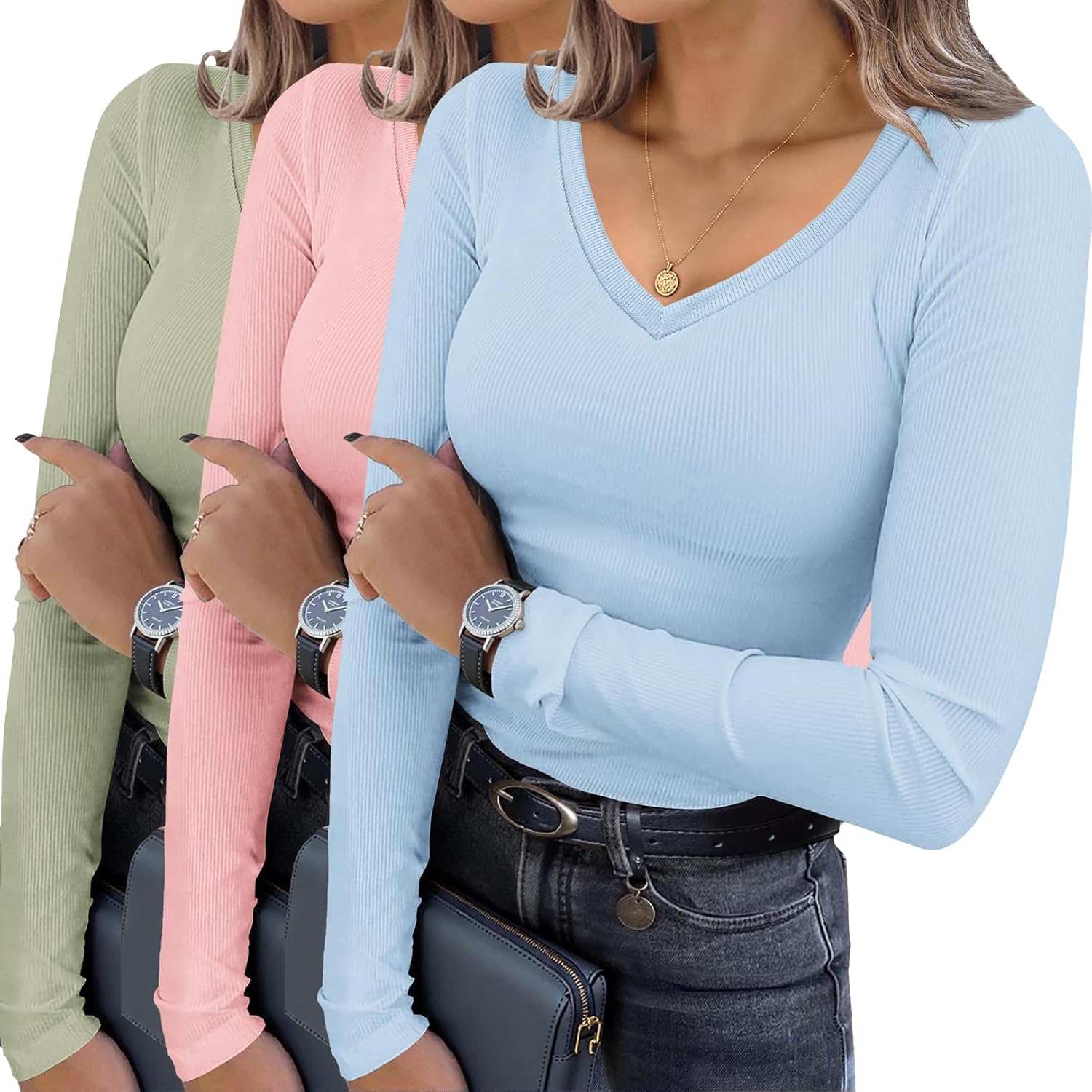 Ekouaer Womens Long Sleeve V Neck Ribbed Tops 3 Pack Casual Tee