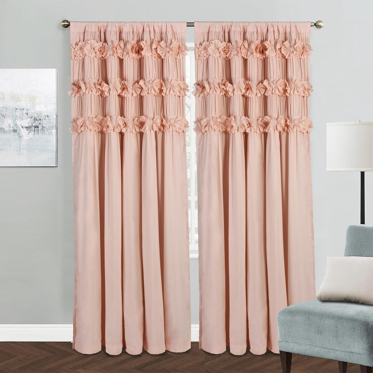 Luxurious Peach Pink Blackout Curtains with Handmade Butterfly Flower Ruffles - Enhance Serenity