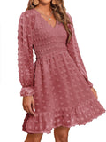 BTFBM Long Sleeve Swiss Dot Smocked Ruffle Chiffon Mini Dress Women's