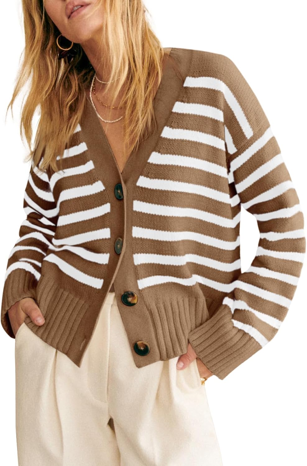 Womens Striped Cardigan Sweaters V Neck Button Down Long Sleeve