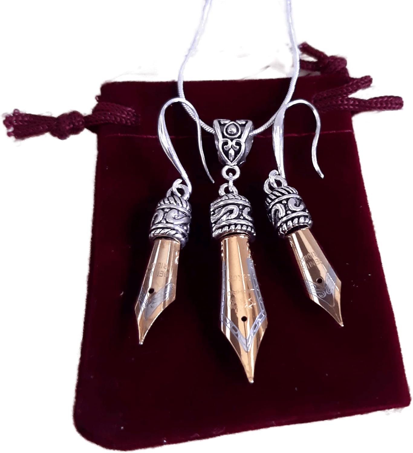 Set of Pen Nib Earrings and Necklace for Writers and Calligraphers