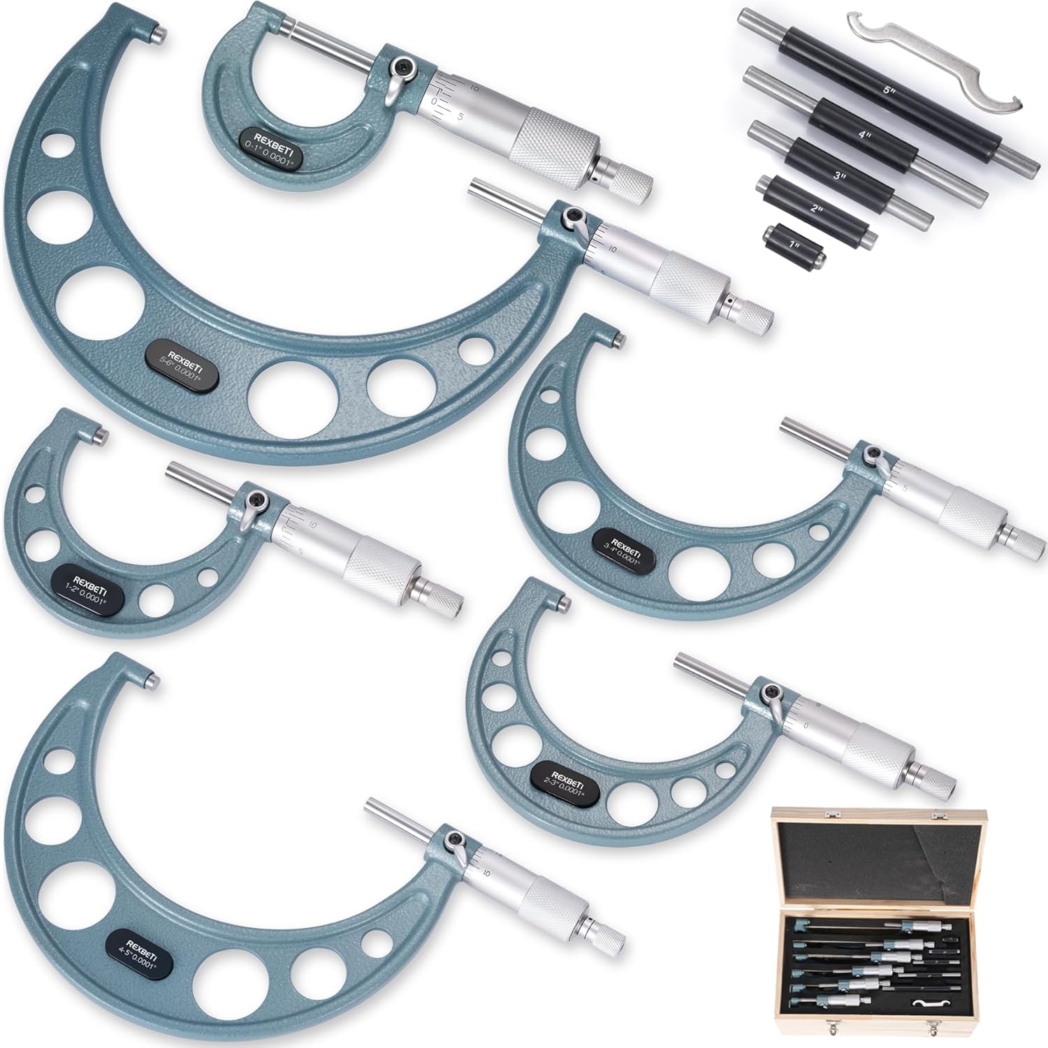 REXBETI 6Pcs Outside Micrometer Set for Ultra-Precision Measuring
