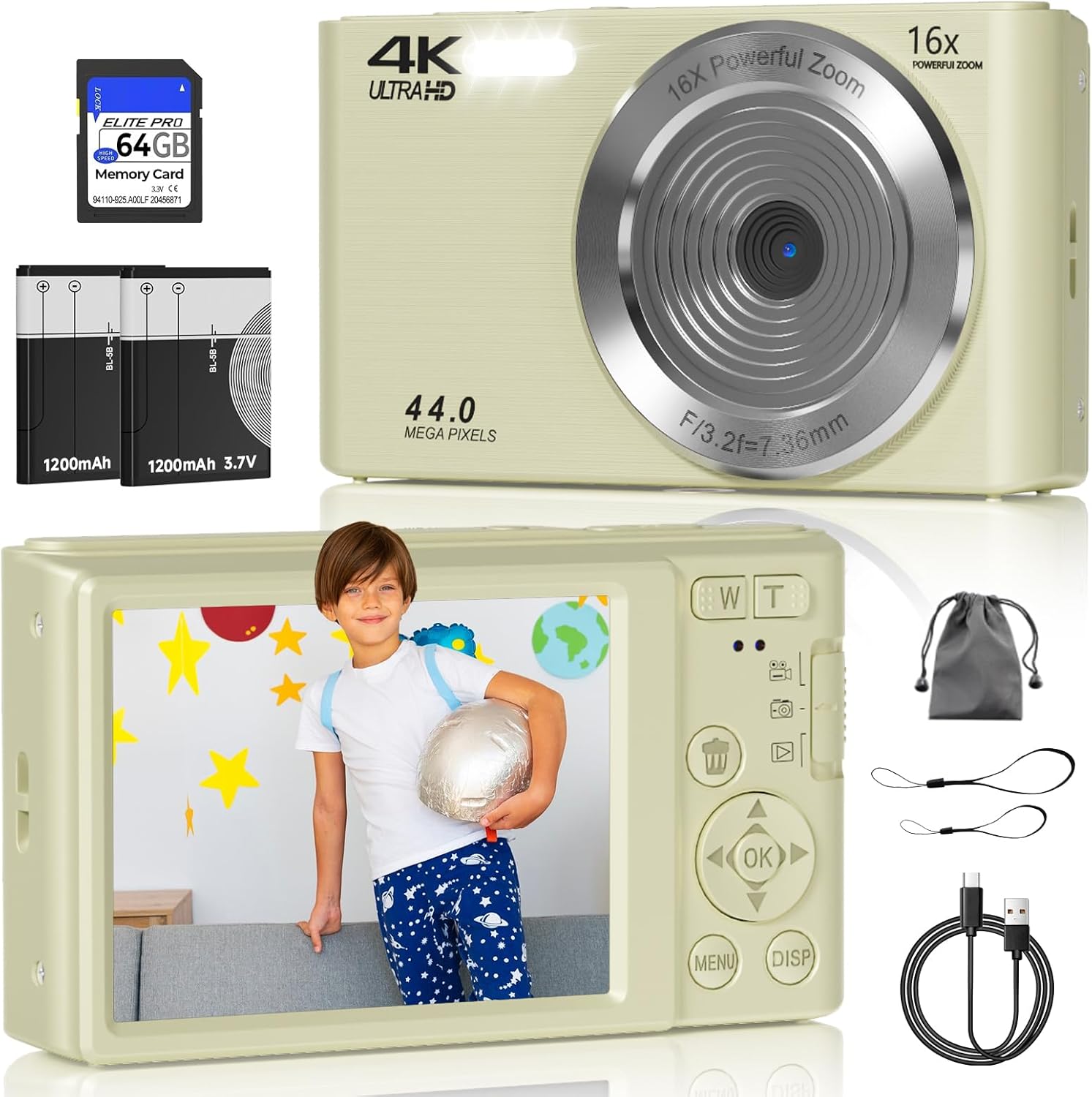 44MP 4K Digital Camera with 16X Zoom for Kids and Teens