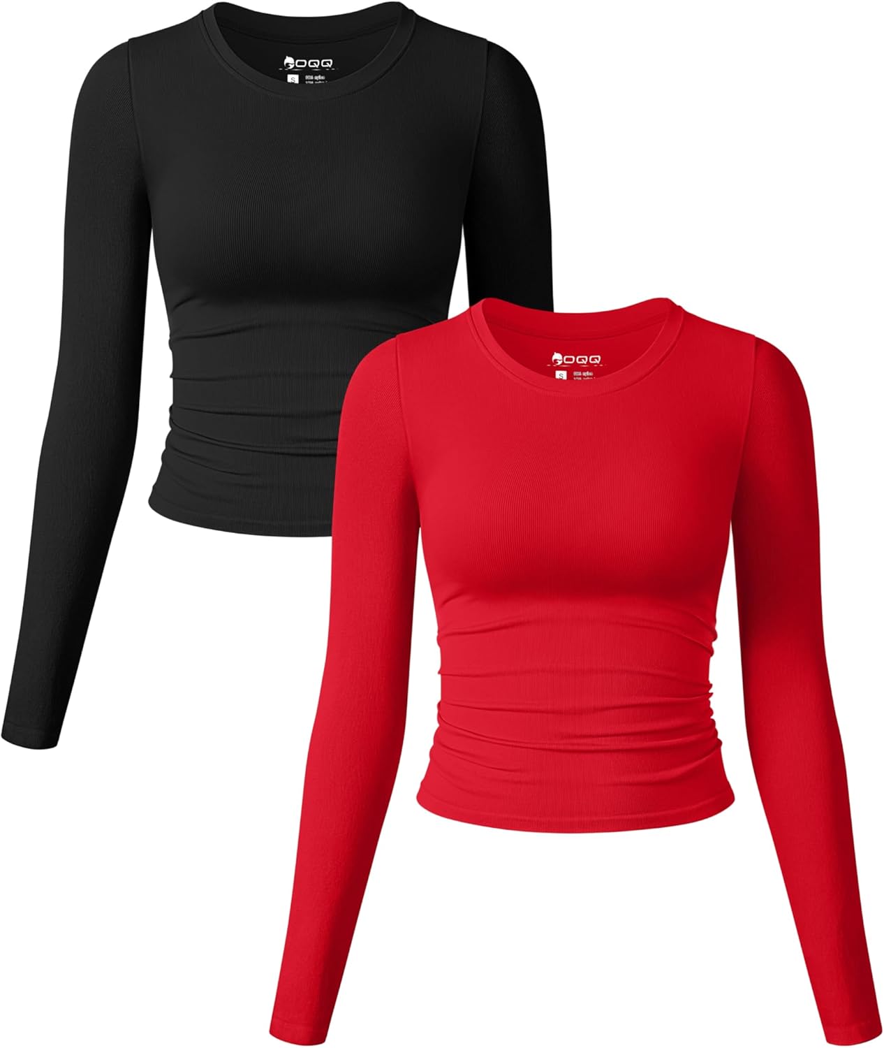 OQQ Womens 2 Piece Long Sleeve Crew Neck Ruched Tee Shirts