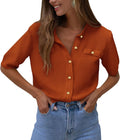 Women's Ribbed Knit Button Down Top - Summer Short Sleeve Blouse