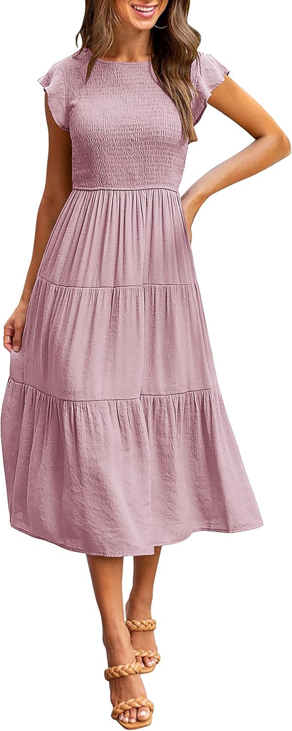 Flutter Short Sleeve Smocked Midi Dress for Summer Events