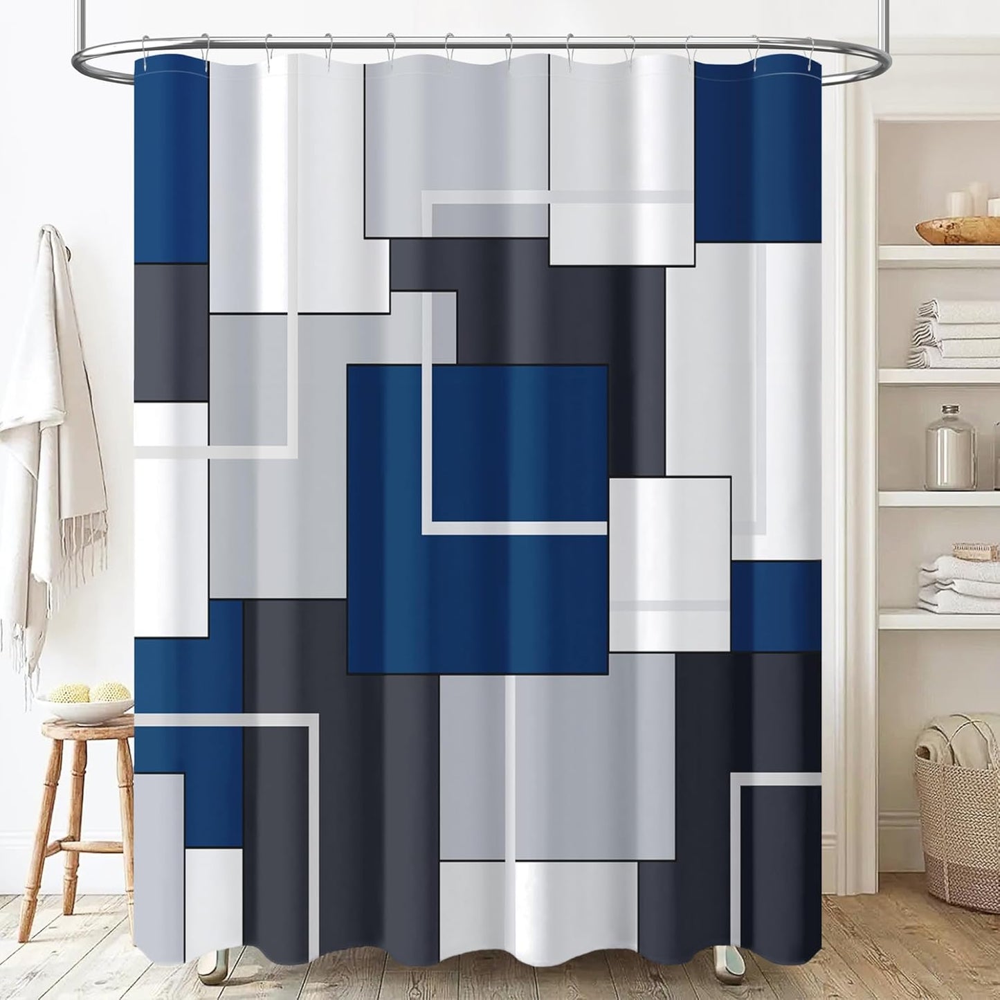 Water Repellent Navy Blue Shower Curtain - Modern Geometric Design