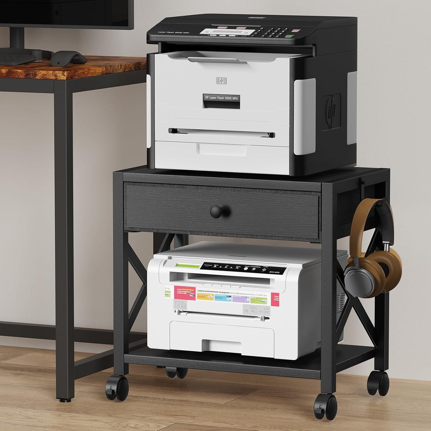 2-Tier Desktop Printer Stand with Drawer and Wheels for Storage