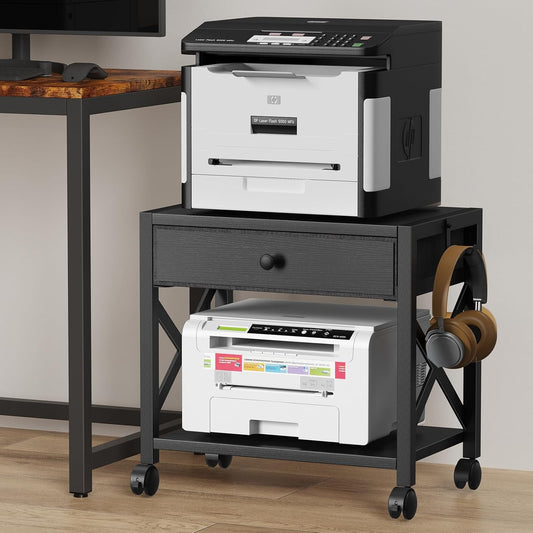 2-Tier Desktop Printer Stand with Drawer and Wheels for Storage