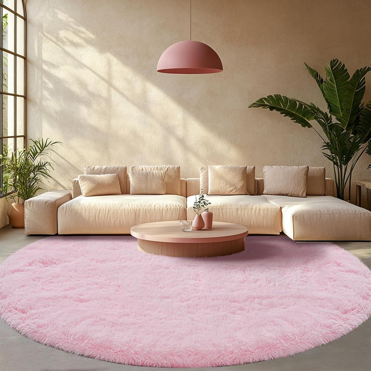 Pink Round Rug for Living Room - Ultra Soft Fluffy Carpet