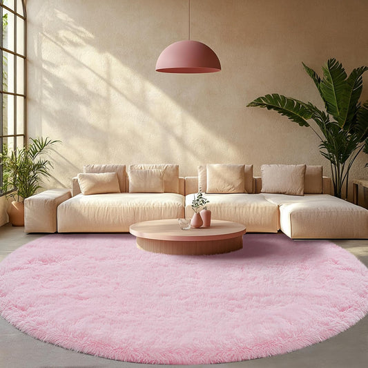 Pink Round Rug for Living Room - Ultra Soft Fluffy Carpet