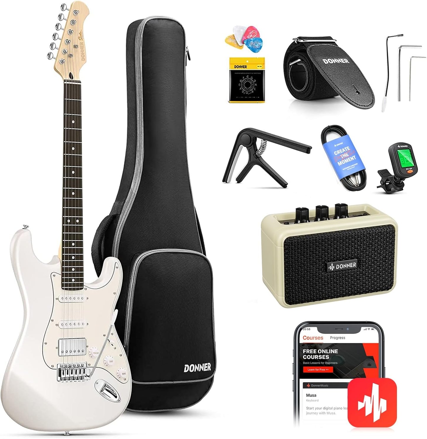 Donner Electric Guitar Starter Kit - HSS Pickup, Split Coil, Amp & Bag - Polar White